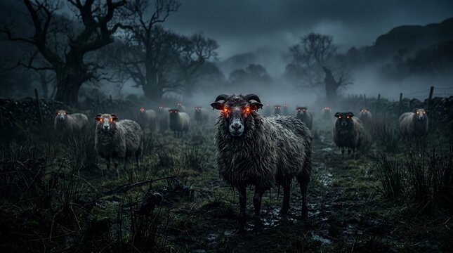 Demonic Sheep with Glowing Red Eyes in Foggy Night Landscape