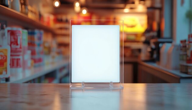 Transparent acrylic sign holder with blank white insert on a marble countertop in a warmly lit convenience store or cafe, creating an inviting and cozy atmosphere