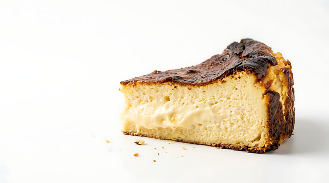 Delicious Basque Burnt Cheesecake Slice Isolated White Background Creamy Caramelized Dessert Gourmet Bakery Homemade Pastry Minimal Culinary Sweet Texture Copyspace Deliciousness Elegant Cafe Snack 