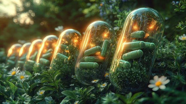line of transparent glass capsules filled with green pills and moss nestled among daisies on lush foliage, bathed in warm golden sunlight, evoking calm wonder