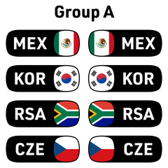 Naklejka premium National flags and country codes participating teams in group A Mexico, South Korea, South Africa, Czech Republic ready-to-use for 2026 world football soccer tournament media with rounded rectangle