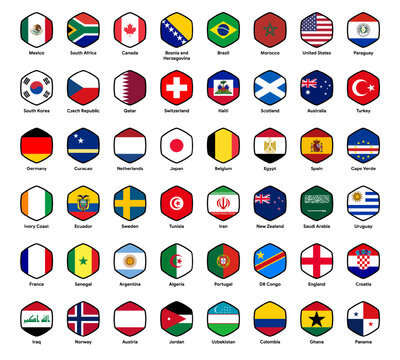 National flags participating teams ready-to-use for 2026 world football soccer final tournament event and media with rounded hexagon