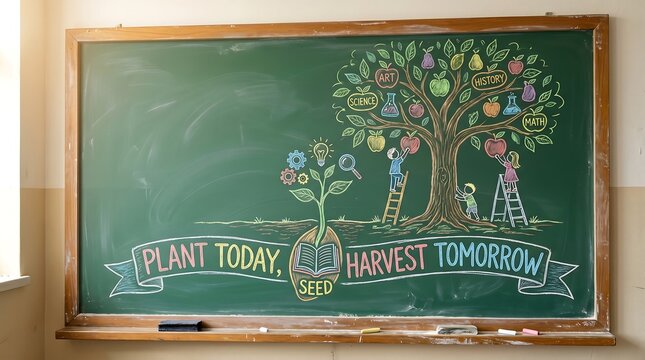 Green chalkboard with environmental message and tree drawing.