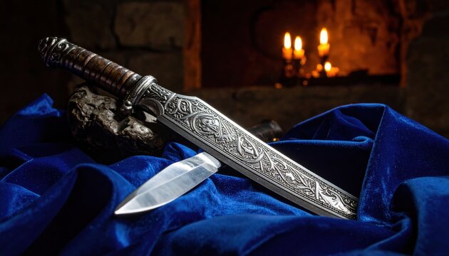 Antique ornate silver inlaid dagger with a hand carved hilt resting on draped blue silk fabric in a candlelit chamber, capturing a cinematic scene of historical craftsmanship and mystery.
