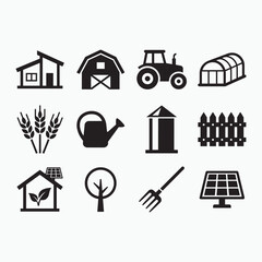 Set of farming and agriculture icons house barn tractor greenhouse wheat watering can silo fence solar panel with food production, farm equipment © Nur-uz-zaman