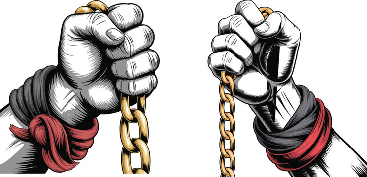 Two fists breaking free from chains symbolizing liberation and freedom struggle