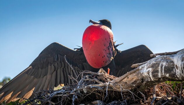 Magnificent male frigatebird with a vibrant inflated red gular throat pouch perched on a coastal nest under a clear blue sky, capturing a rare moment of tropical avian courtship behavior.