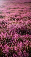 Obraz premium Wild pink and purple heather blossoms blooming across a vast, rugged natural landscape under bright sunlight, symbolizing resilience and wild growth, daylight, detail, moorland