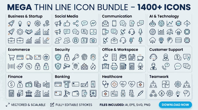 Mega thin line icon bundle with 1400+ icons, professional business and technology vector set, minimalist outline web and mobile UI elements