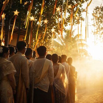 Filipino people in traditional attire walking under parol decorations during sunset