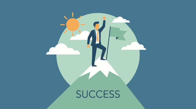 Businessman reaching success on mountain peak.