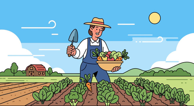 Farmer harvesting fresh vegetables in a sunny field with a barn in the background