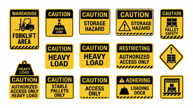Industrial warehouse safety signs set, yellow caution labels for forklift area and heavy load, 15 vector warning stickers for storage hazard and loading dock