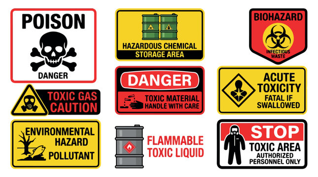 Hazardous material warning signs collection, industrial safety labels for toxic and chemical danger, 9 vector icons for biohazard and poison alerts