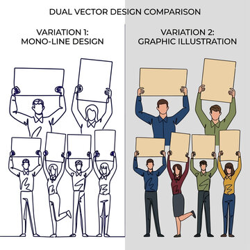 Vector designs compare two variations of people holding signs differently