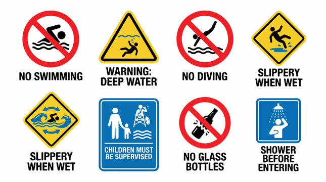 Swimming pool safety signs collection, set of 8 warning icons for water areas, no diving and slippery when wet notices, beach and poolside regulation symbols