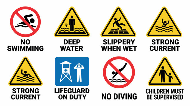 Water safety warning signs set, 8 beach and pool hazard icons, lifeguard on duty and no swimming symbols, yellow and red caution vector illustrations