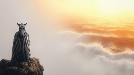 Fototapeta premium a lone zebra perched on a rocky cliff overlooking a golden sea of clouds at sunrise, evoking serene solitude and quiet wonder