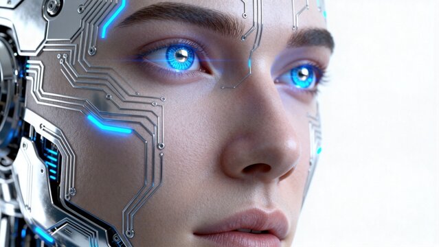 Cyborg face with glowing blue eyes