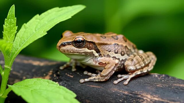 Frog on log in nature.