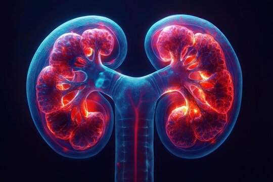 dramatic glowing pair of kidneys with central connecting ureteral tube and renal pelvis, detailed cross-sections showing cortex, medulla and blood vessels in neon blue and red