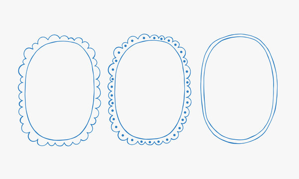 Whimsical blue cottagecore oval frames. Hand Drawn borders for spring invitation, Easter, holiday greetings and birthday card. Doodle vector vintage modern design in blue color