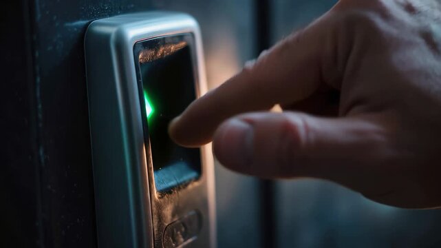 Hand on fingerprint scanner activating green light for identification at entrance point during security check