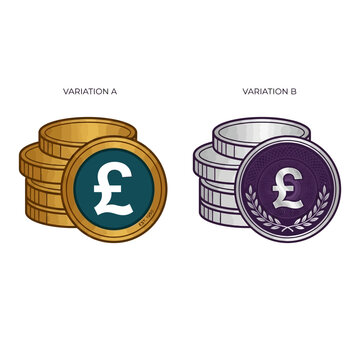 Two variations of stacked coins with British pound signs are shown side by side for design comparison purposes.
