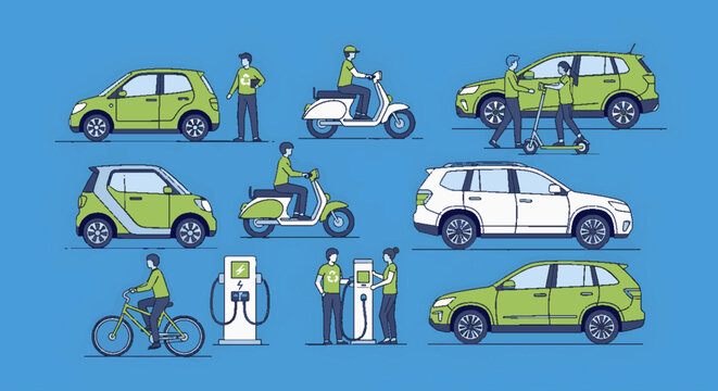 Green electric vehicles and personal transport options for a sustainable future, including cars, scooters, bikes, and charging stations.