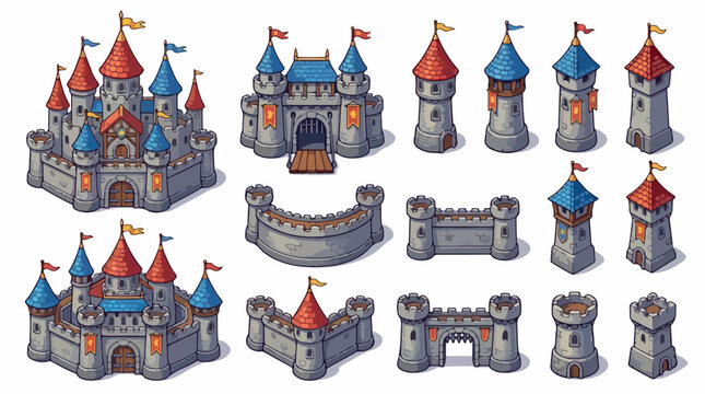 Isometric medieval castle vector set, pixel art style fantasy fortress icons, stone kingdom walls and towers collection for game design