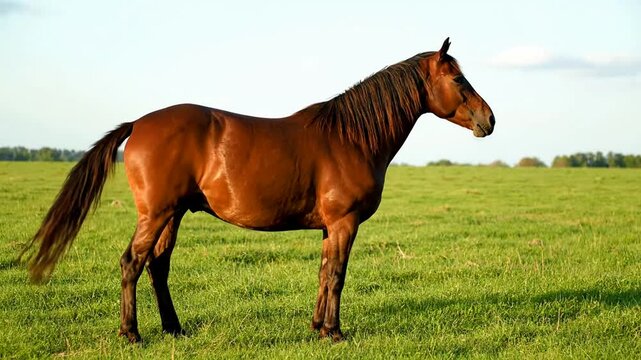Beautiful chestnut horse standing majestic in lush green meadow under bright natural daylight creating serene pastoral landscape perfect for equestrian photography nature photography and horse breed