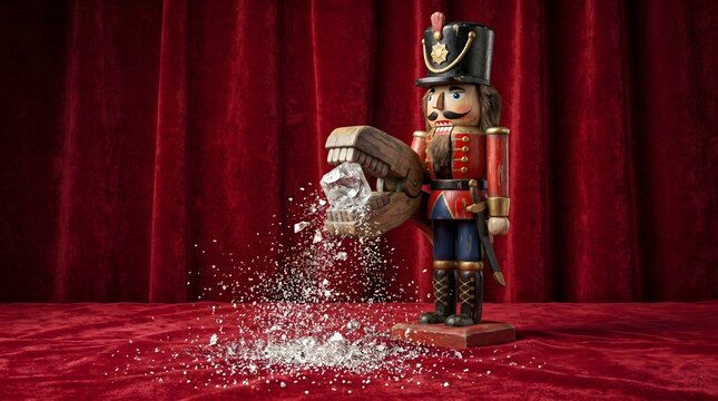 A traditional nutcracker soldier exerts overwhelming force to shatter a precious diamond, a profound metaphor for the destruction of intrinsic value by industrial or brute strength.