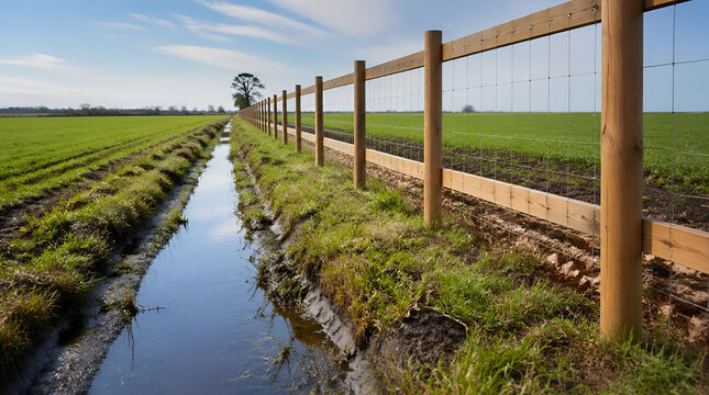 Wooden fence and irrigation ditch bordering a green agricultural field under a clear blue sky