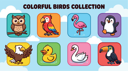 Naklejka premium Colorful birds collection, set of 8 cute avian vector icons, cartoon bird characters including owl, parrot, flamingo, penguin, eagle, duck, swan, and toucan