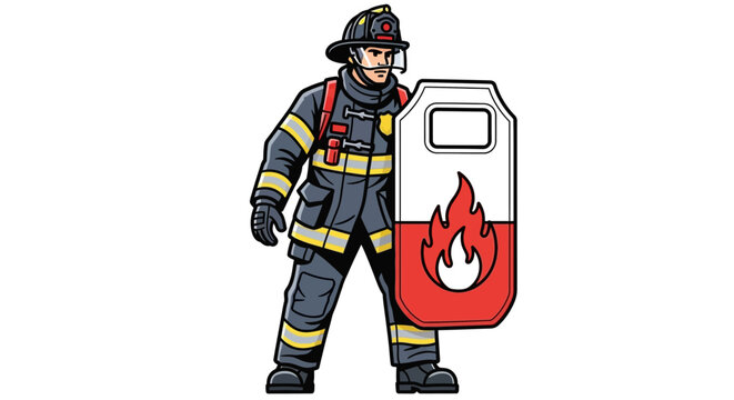 Cartoon firefighter holding shield with flame symbol in uniform