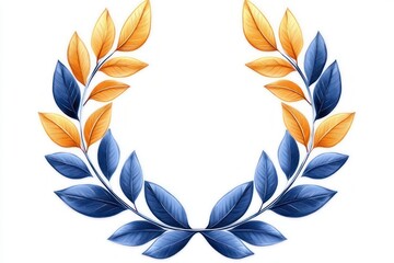 Obraz premium symmetrical laurel wreath of blue and golden leaves on white background conveying elegance and celebration