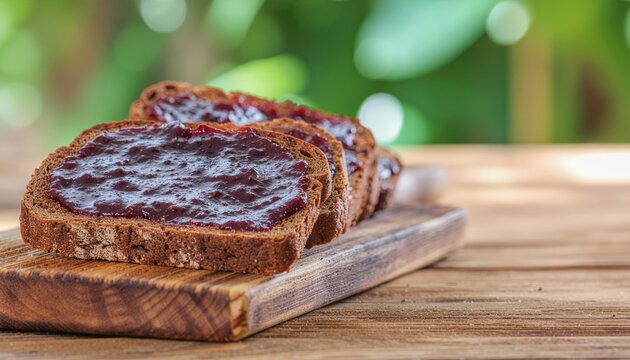 Delicious Slices of Whole Wheat Bread Topped with Sweet Berry Jam on a Wooden Board.