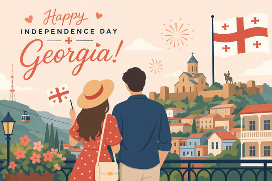 Happy Georgia Independence Day couple in Tbilisi with flags