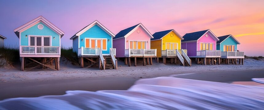 row of pastel beach huts on wooden stilts along a sandy shoreline at sunset with gentle waves and a soft sky, evoking a serene cheerful mood