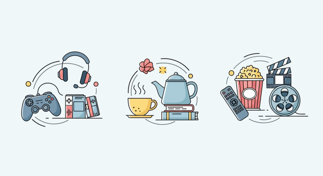 Gaming, Reading, and Movie Night: Icons for Hobbies and Leisure