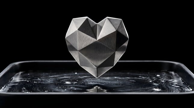 A geometric brushed steel heart levitates over a dark liquid void, representing the cold resilience of modern love and the stoic strength of a guarded human soul.