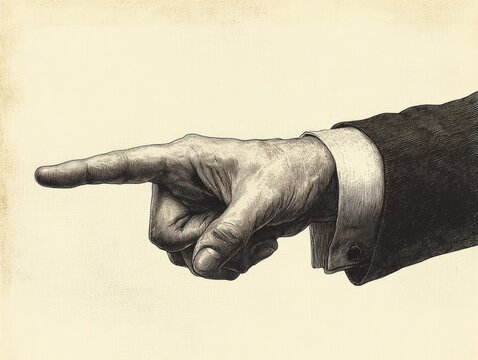 ink engraving of a formal suited hand pointing left in an accusatory, commanding gesture on a sepia background