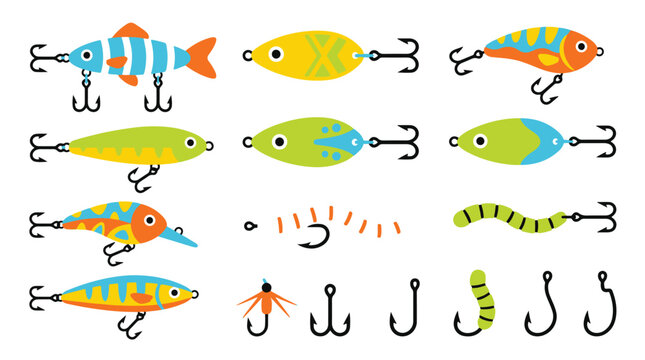 Colorful fishing lures fish worms and hooks vector illustration on white background high quality professional detailed