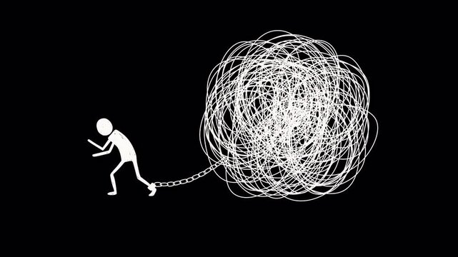 Hand-Drawn Minimalist White Line Animation Loop of Burden and Stress (Boiling Lines Style). Alpha channel. For motion graphics, social media content, documentaries, and presentations.