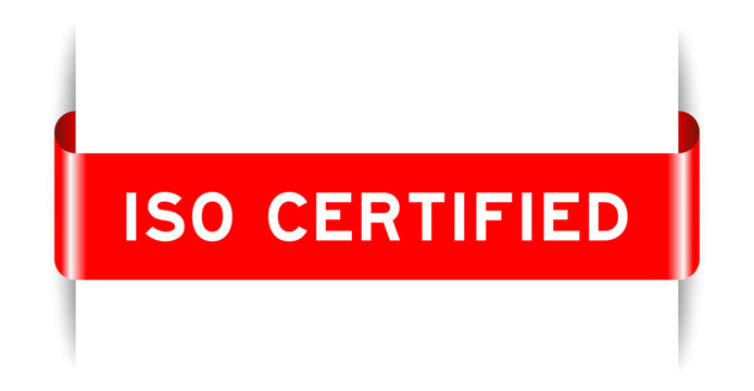 Red color inserted label banner with word iso certified on white background
