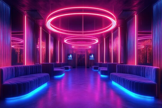 Empty futuristic neon lounge with large circular pink ring lights, blue underlit curved velvet sofas, mirrored walls and a moody glamorous ambiance