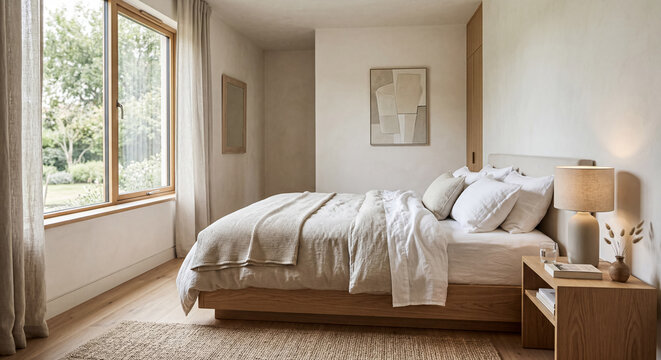 A serene master bedroom featuring a low wooden platform bed, neutral bedding, and large windows overlooking a lush green garden in soft morning light.
