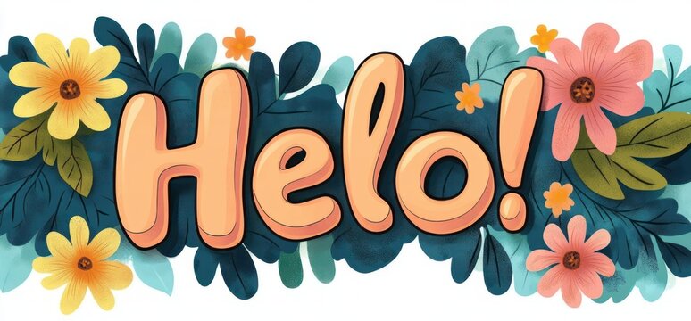 cheerful peach-colored 3d hello lettering with exclamation surrounded by teal leaves and yellow and pink flowers, friendly welcoming floral illustration