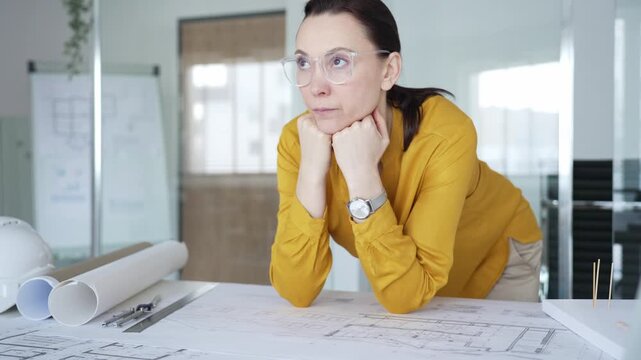 Female architect thinking, planning new construction project, analyzing blueprints with design tools in office. Architecture and business concept