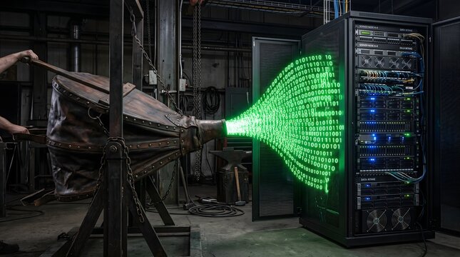 A vintage blacksmith's bellows pumps a vibrant stream of glowing green binary digits into a modern server rack, illustrating the fusion of traditional labor and digital information power.